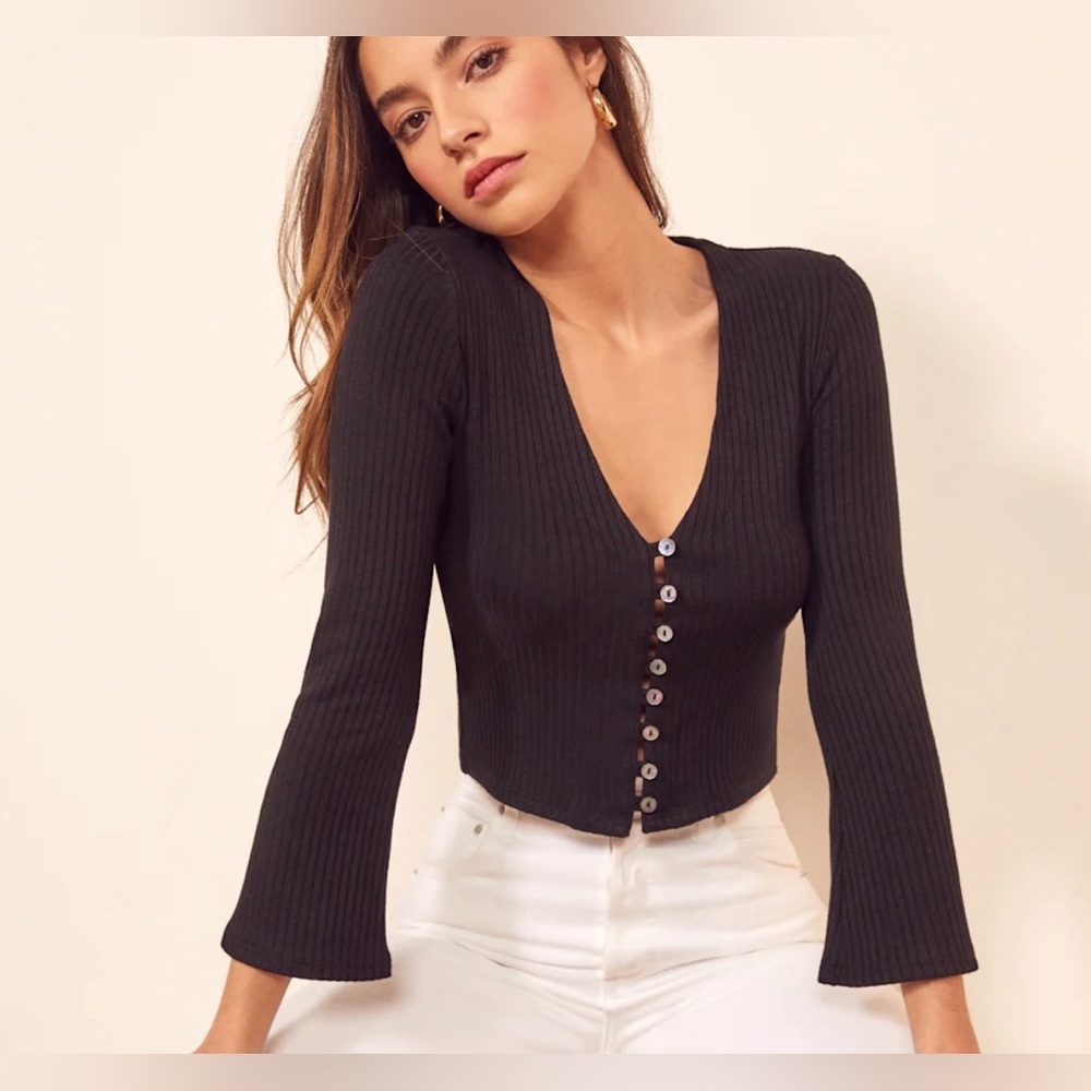 Black Ribbed Button-Up Top